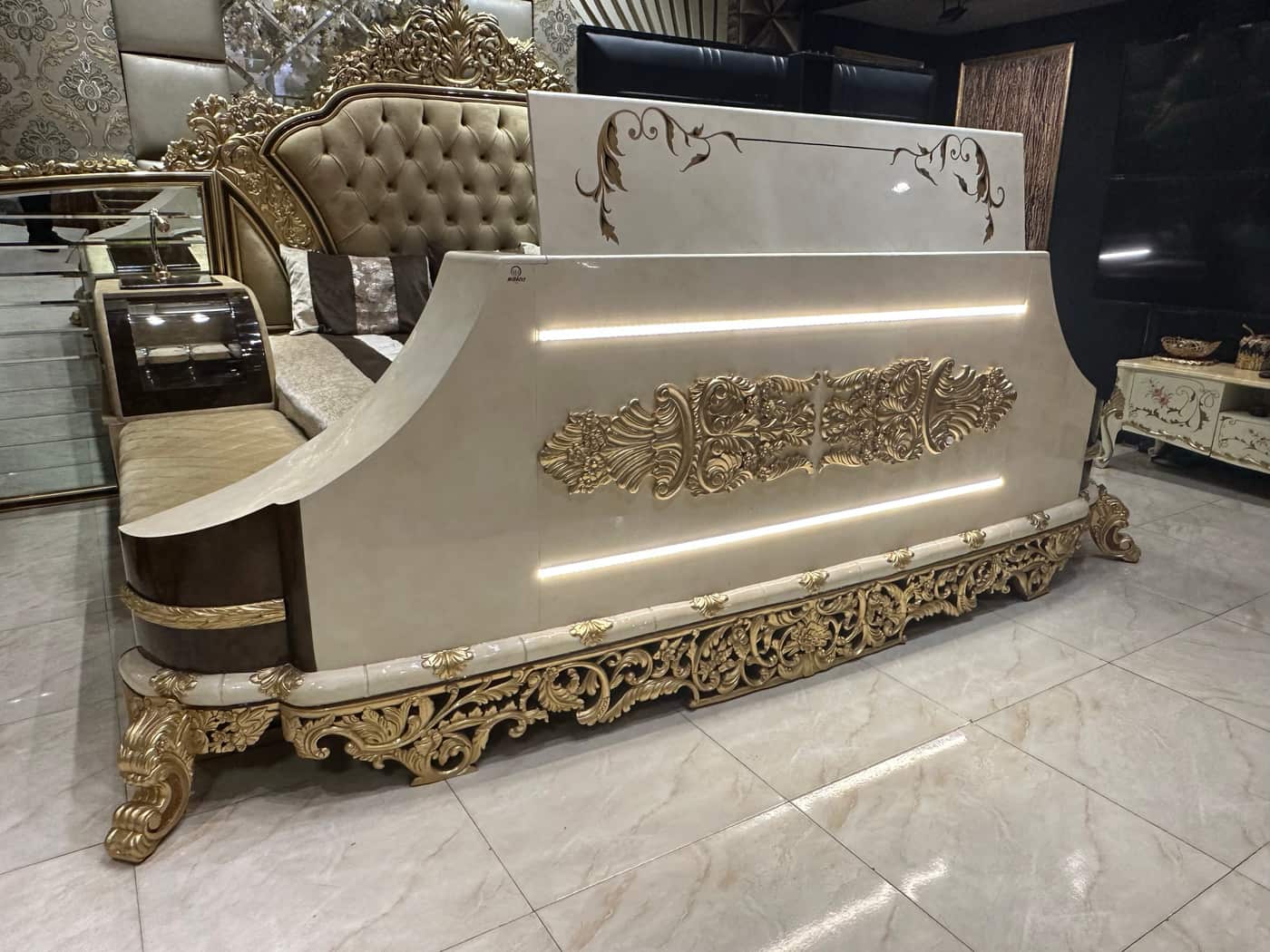 Classical Gold-Accented smart Tv Bed Set