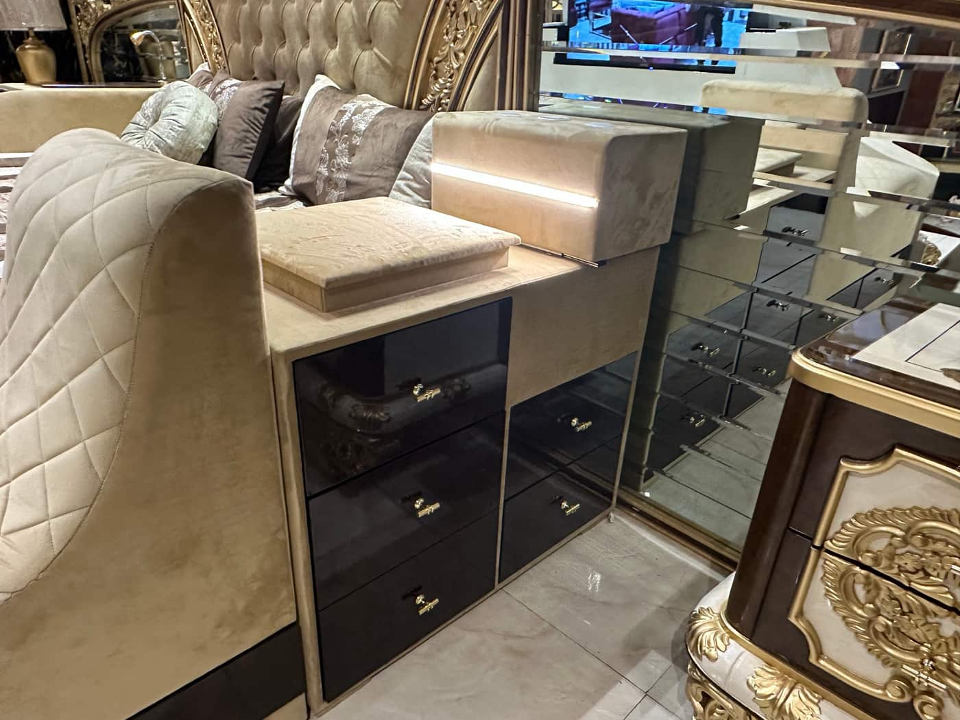 Classical Gold-Accented smart Tv Bed Set