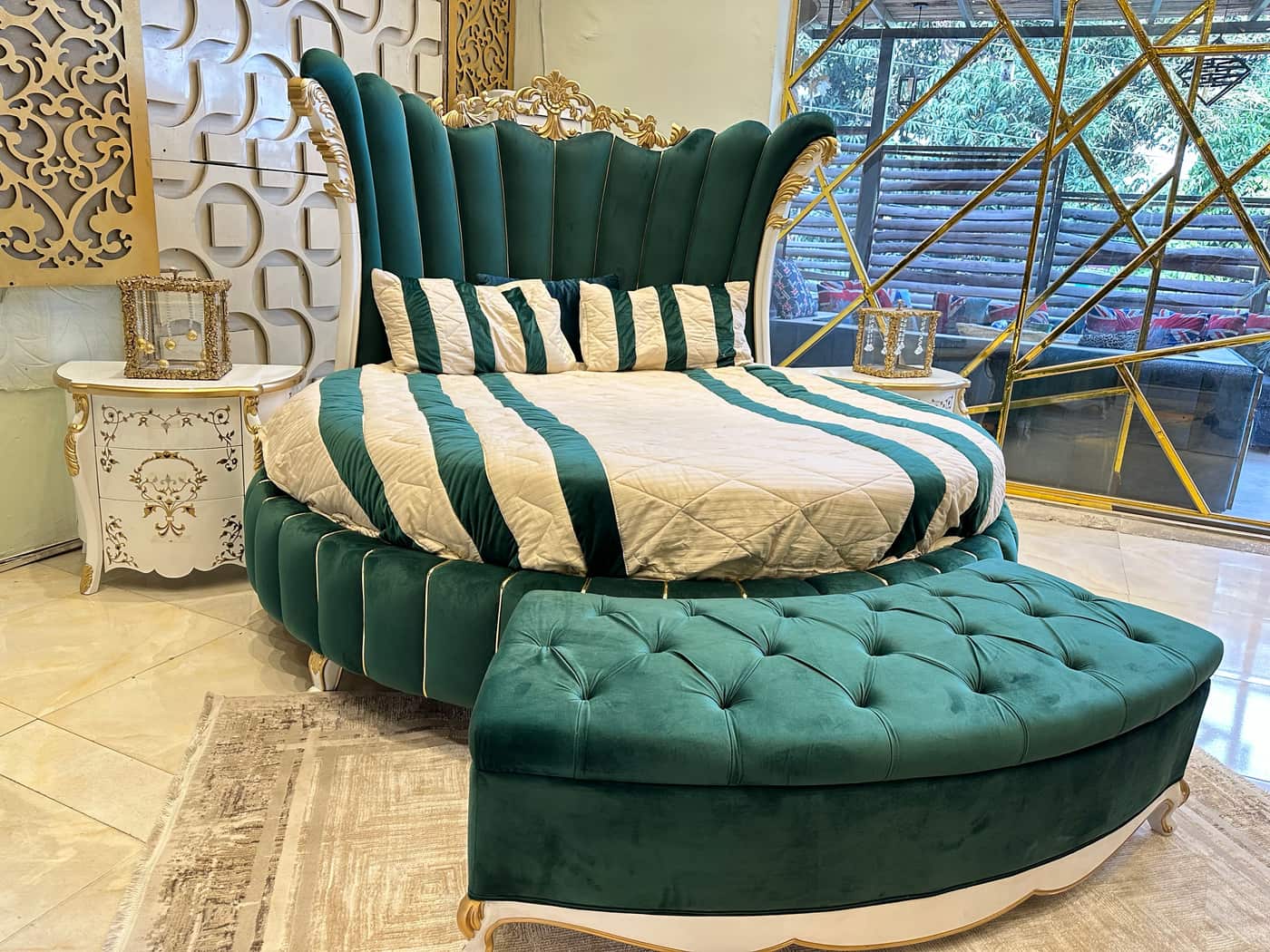 Luxurious Emerald Green Velvet Bed with Elegant Curved Headboard