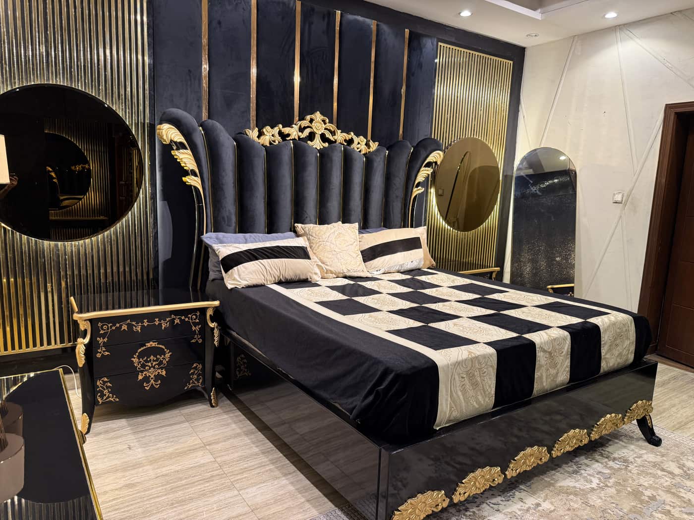Luxurious Black and Gold Upholstered King Size Bed Set