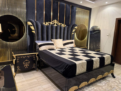 Luxurious Black and Gold Upholstered King Size Bed Set
