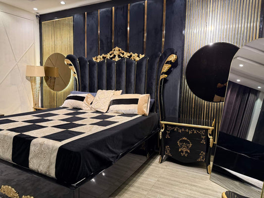 Luxurious Black and Gold Upholstered King Size Bed Set