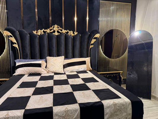 Luxurious Black and Gold Upholstered King Size Bed Set