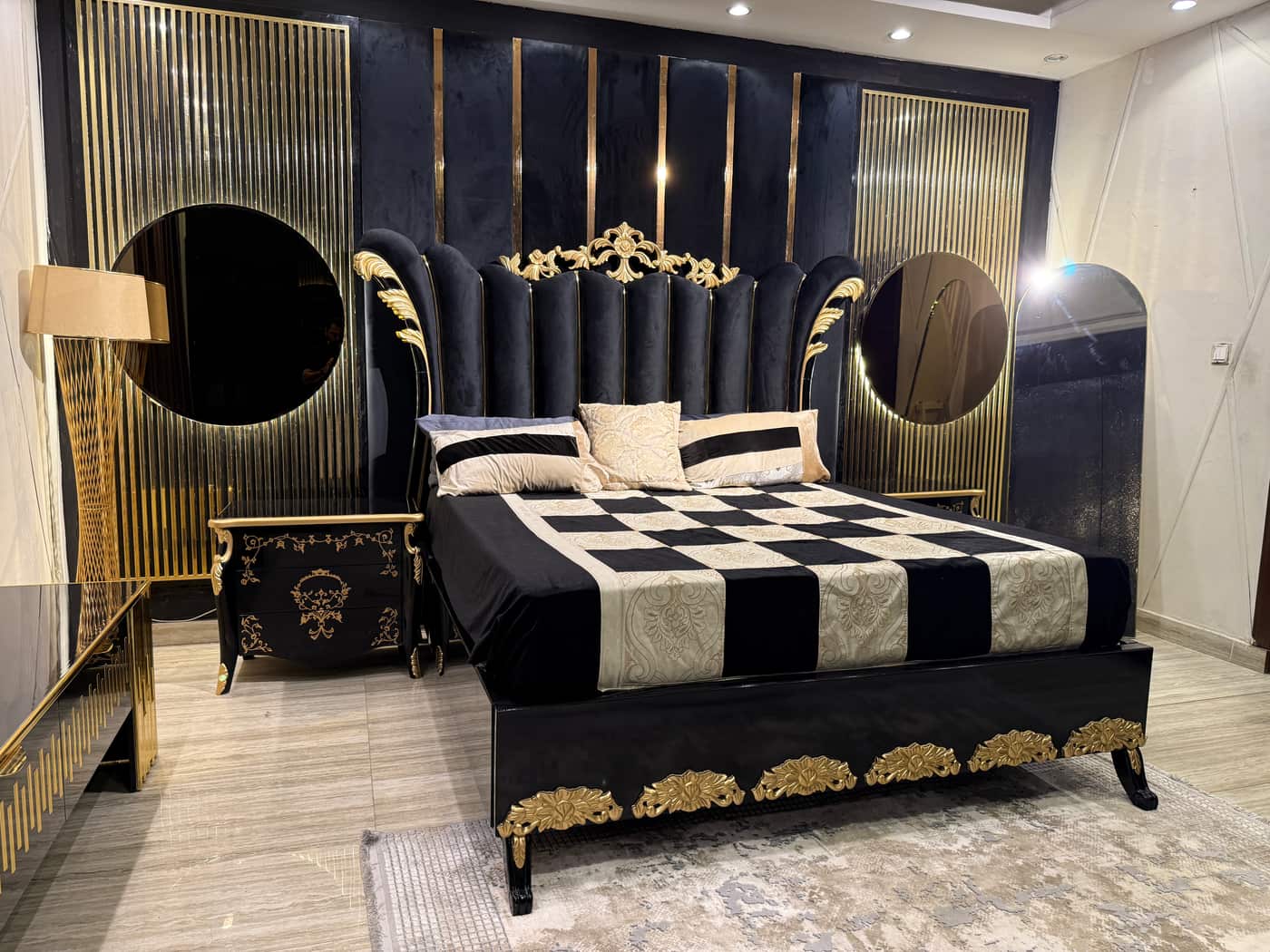 Luxurious Black and Gold Upholstered King Size Bed Set