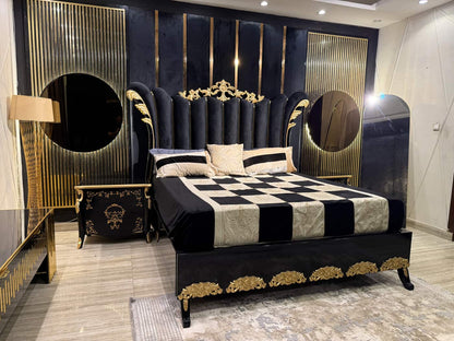 Luxurious Black and Gold Upholstered King Size Bed Set