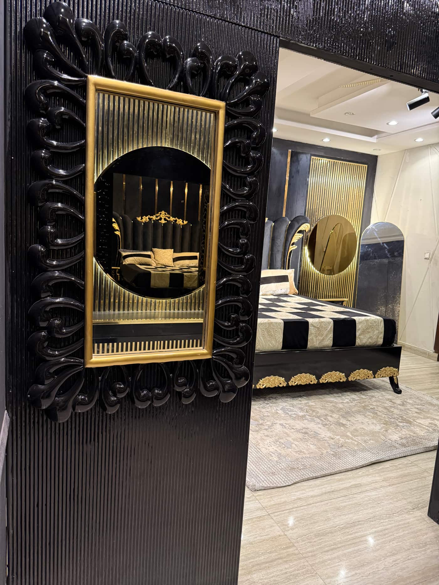 Luxurious Black and Gold Upholstered King Size Bed Set