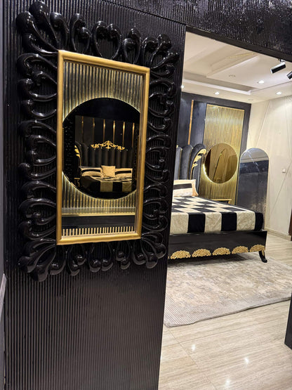 Luxurious Black and Gold Upholstered King Size Bed Set