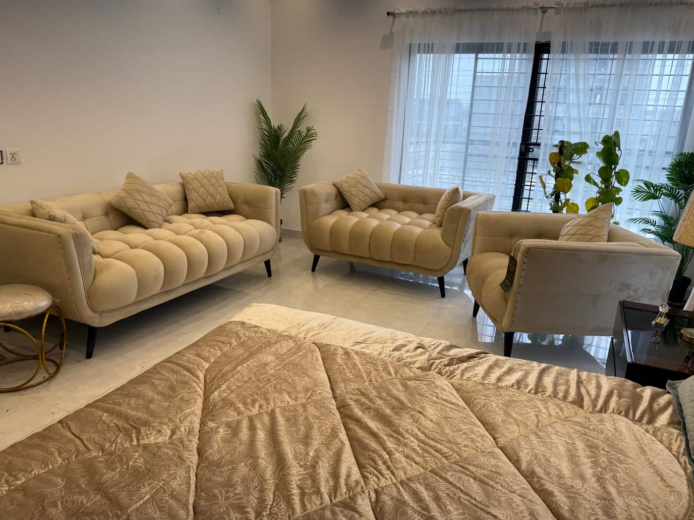 Elegant Beige Velvet Tufted Sofa Set