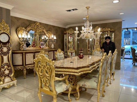 Luxurious Golden Dining Set with Crystal Chandelier