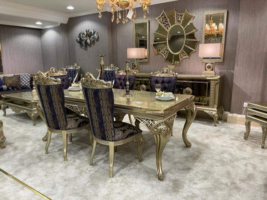 Luxurious Gold Leaf Dining Set with Royal Blue Upholstery