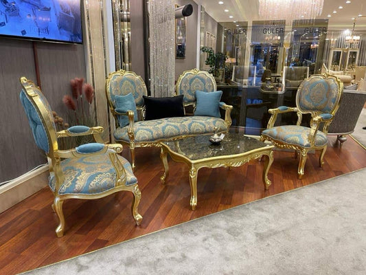 Elegant Gold and Blue Living Room Set