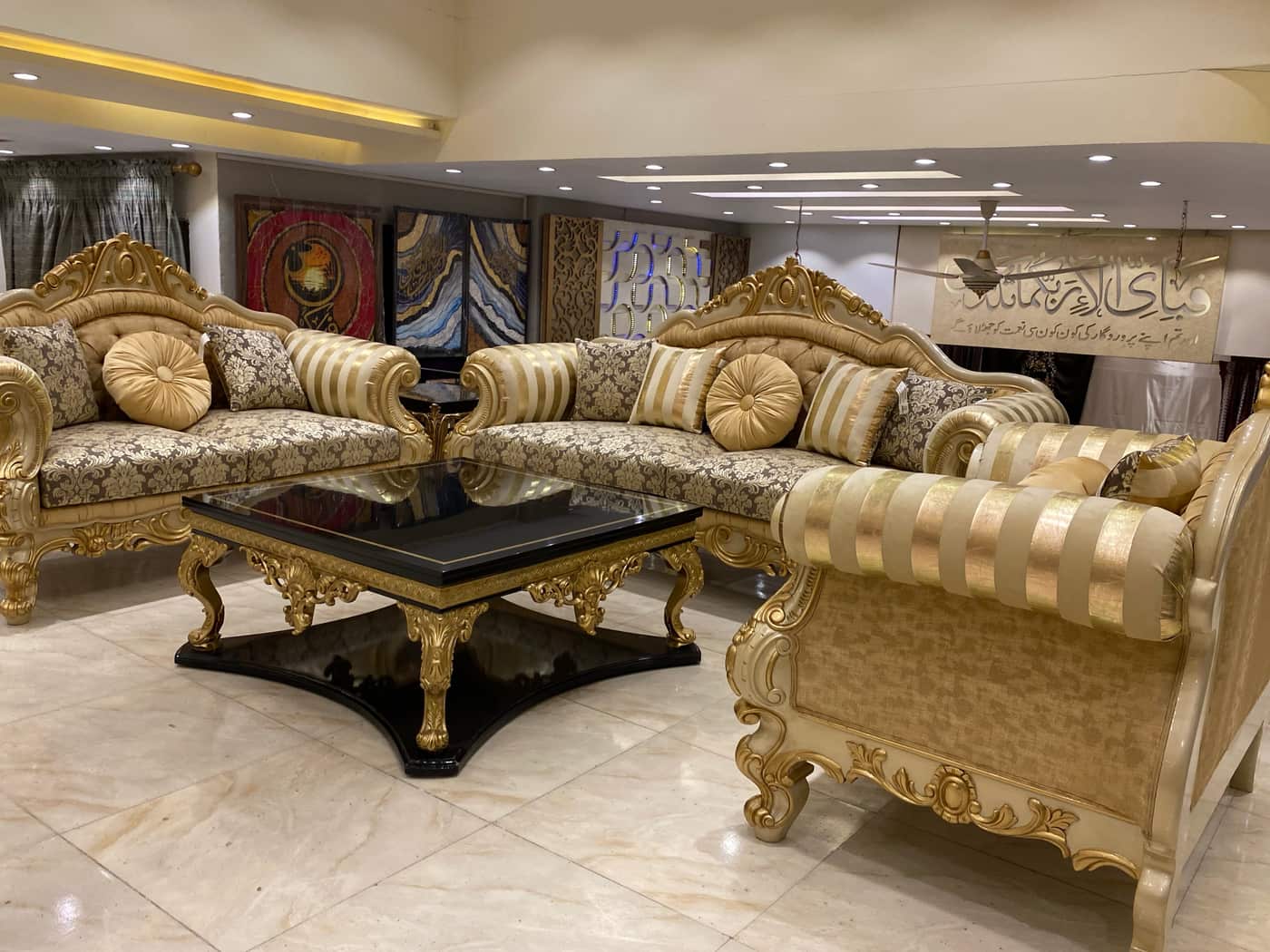 Luxurious Gold & Cream Upholstered Sofa Set with Coffee Table