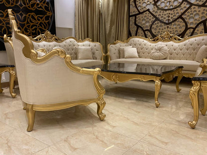 Elegant Gold and Cream Sofa Set with Coffee Table