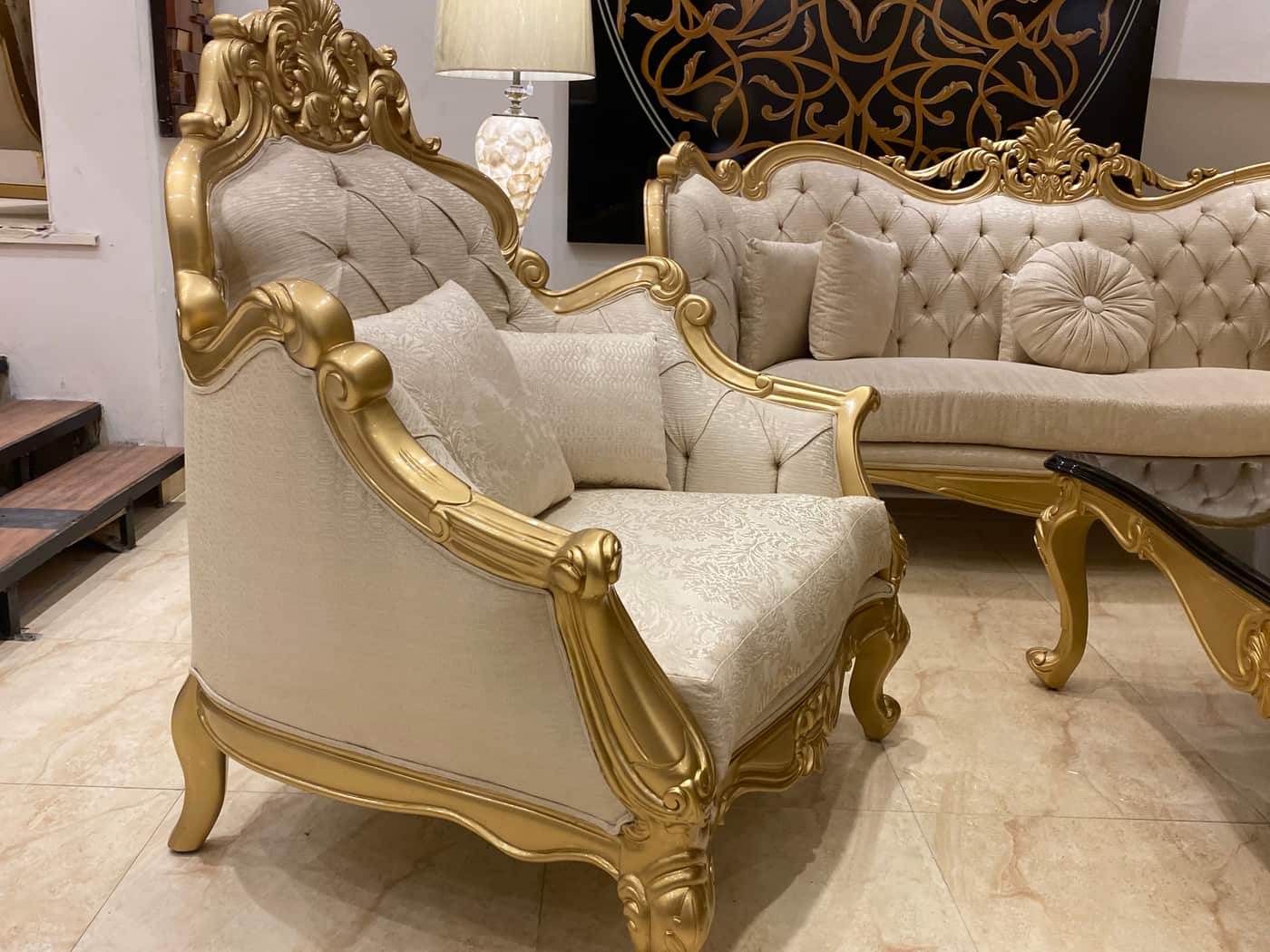 Elegant Gold and Cream Sofa Set with Coffee Table