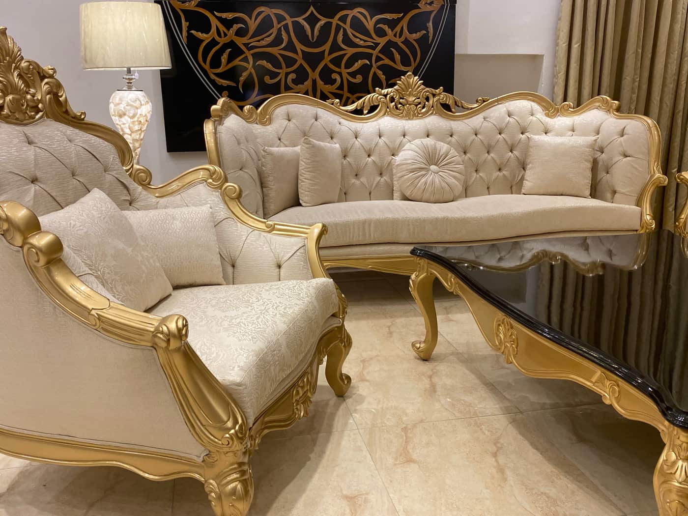 Elegant Gold and Cream Sofa Set with Coffee Table