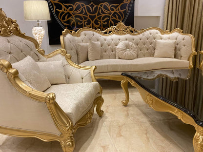 Elegant Gold and Cream Sofa Set with Coffee Table