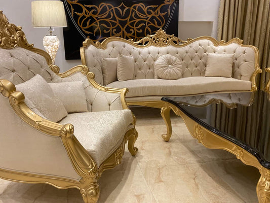 Elegant Gold and Cream Sofa Set with Coffee Table