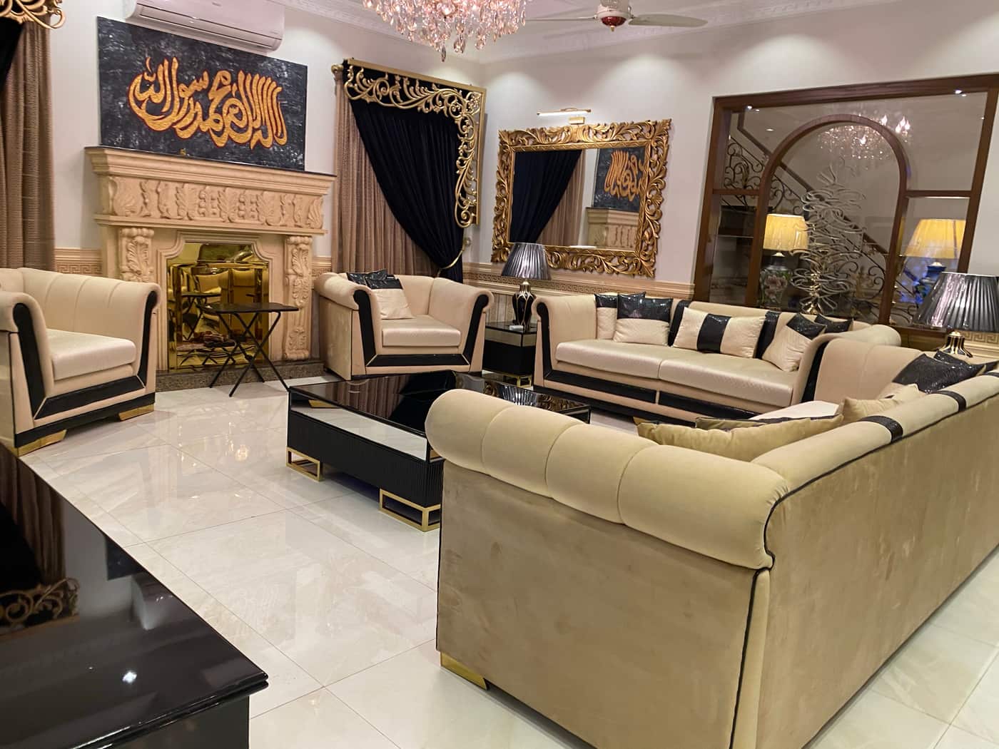 Luxurious Beige and Black Living Room Sofa Set