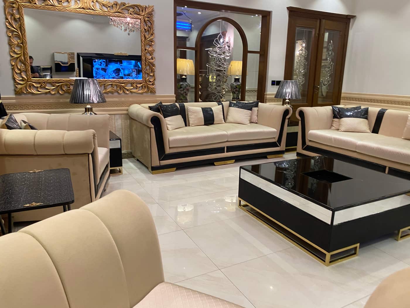 Luxurious Beige and Black Living Room Sofa Set