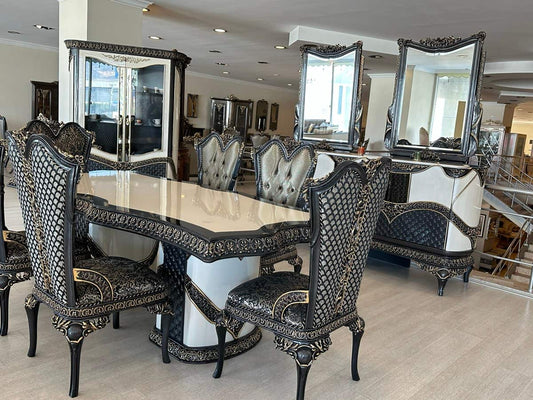Elegant Black & Gold Dining Set with Mirrors