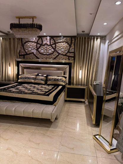Luxurious Modern Bedroom Set with Elegant Chandelier