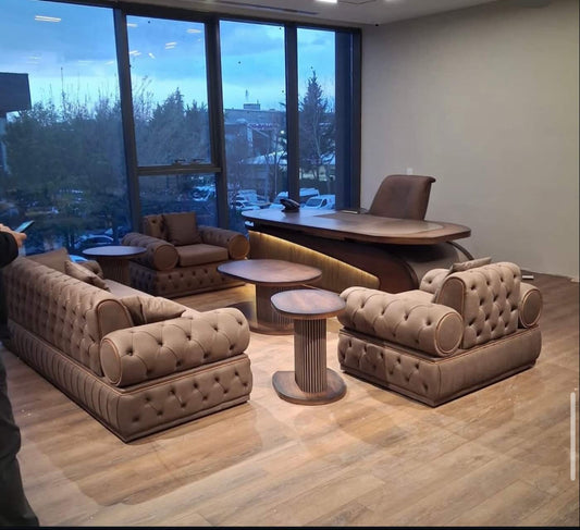 Luxury Tufted Sofa Set with Round Accent Table