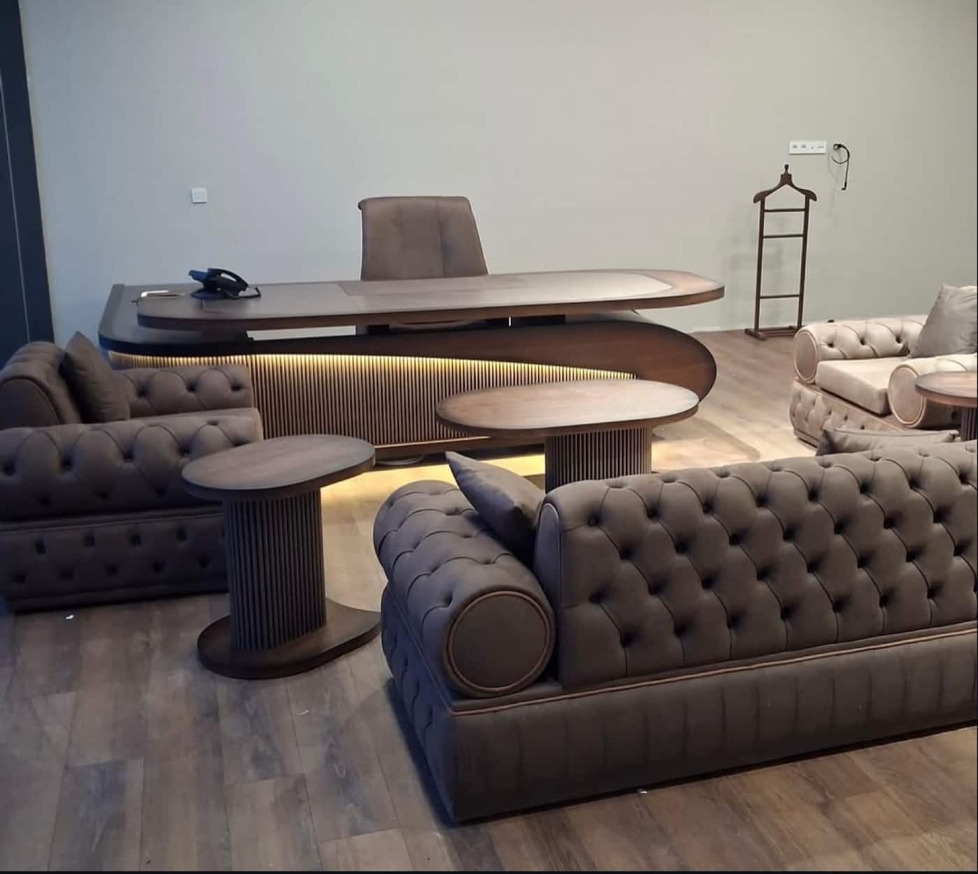 Luxury Tufted Sofa Set with Round Accent Table