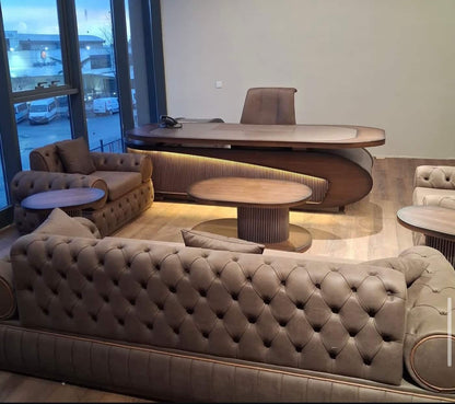 Luxury Tufted Sofa Set with Round Accent Table