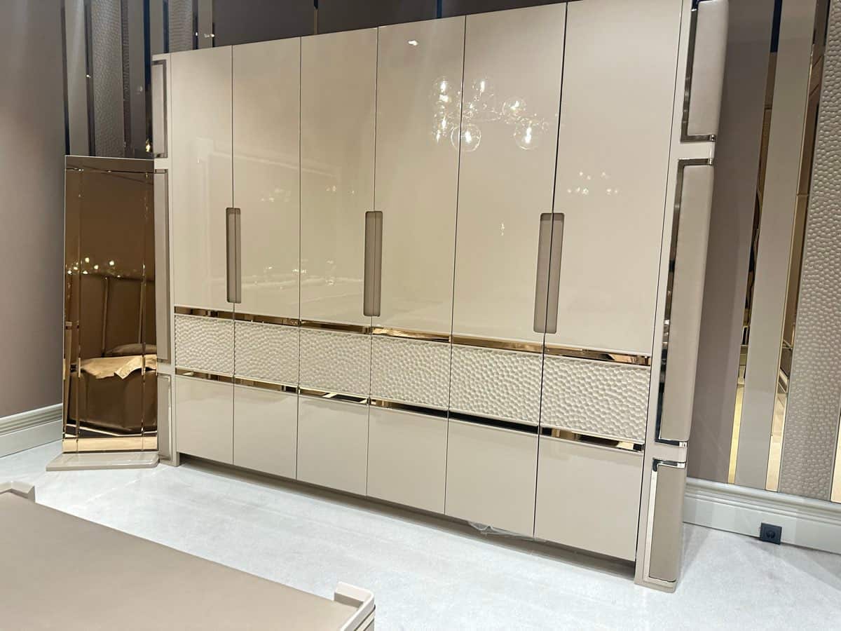 Modern Glossy Finish Wardrobe with Gold Accents