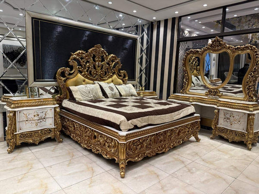 Luxurious Golden Baroque Bed Set with Dresser and Nightstands