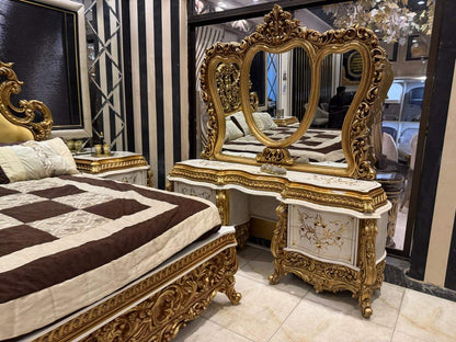 Luxurious Golden Baroque Bed Set with Dresser and Nightstands