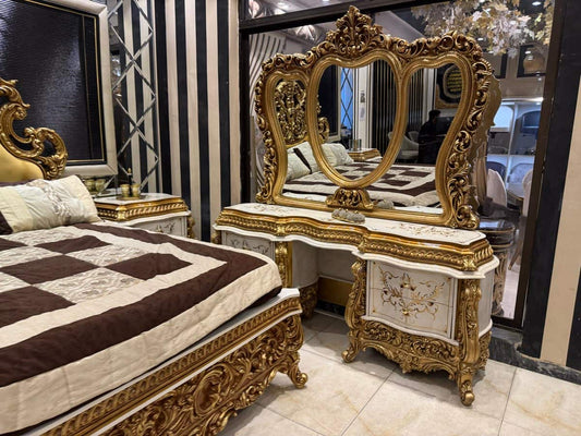 Luxurious Golden Baroque Bed Set with Dresser and Nightstands