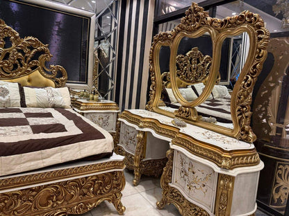 Luxurious Golden Baroque Bed Set with Dresser and Nightstands