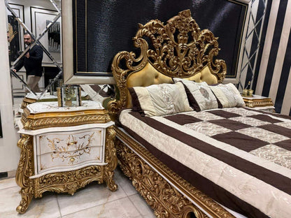 Luxurious Golden Baroque Bed Set with Dresser and Nightstands